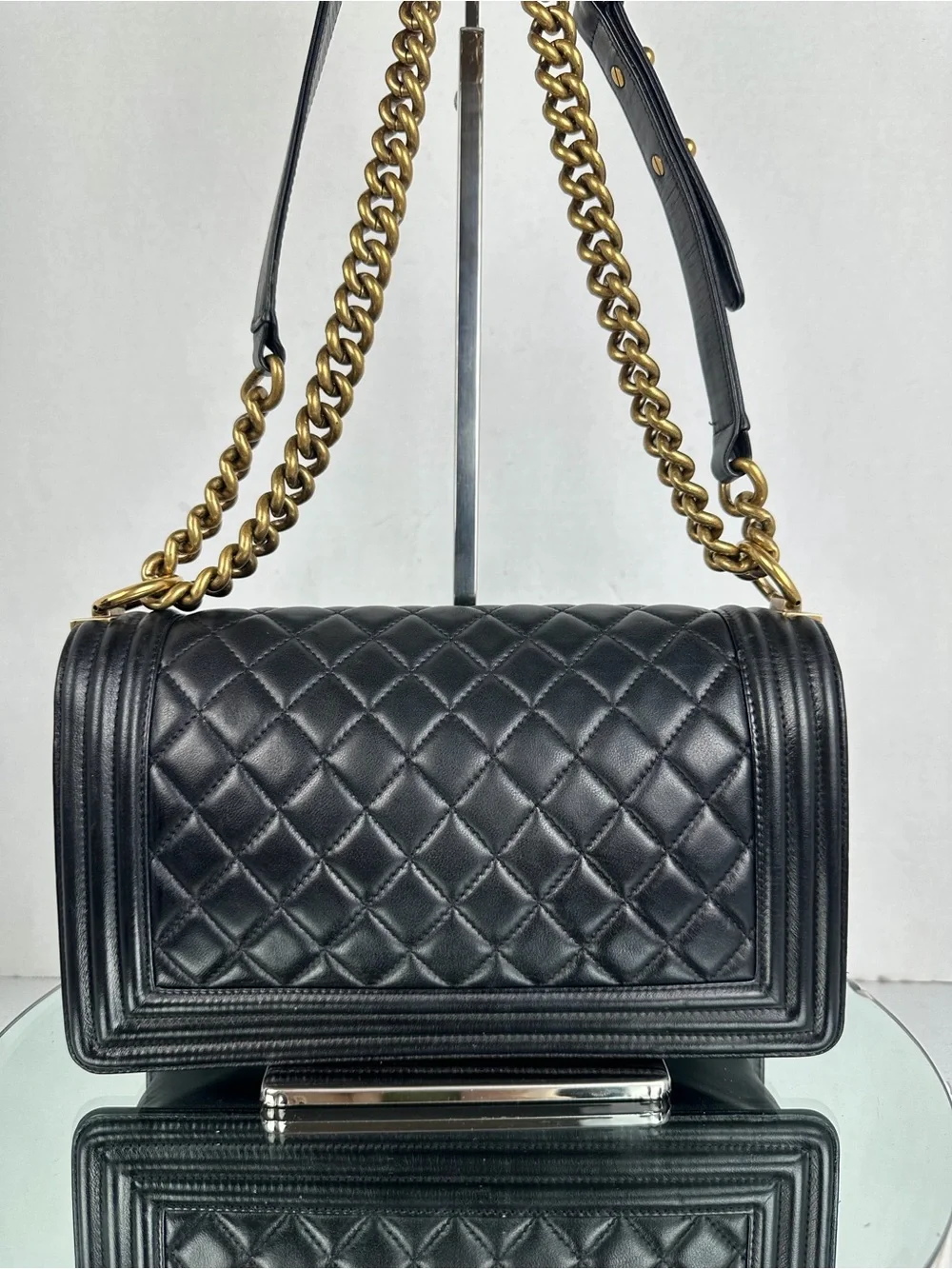 CHANEL BOY LEATHER flap Bag BLK Medium SHW